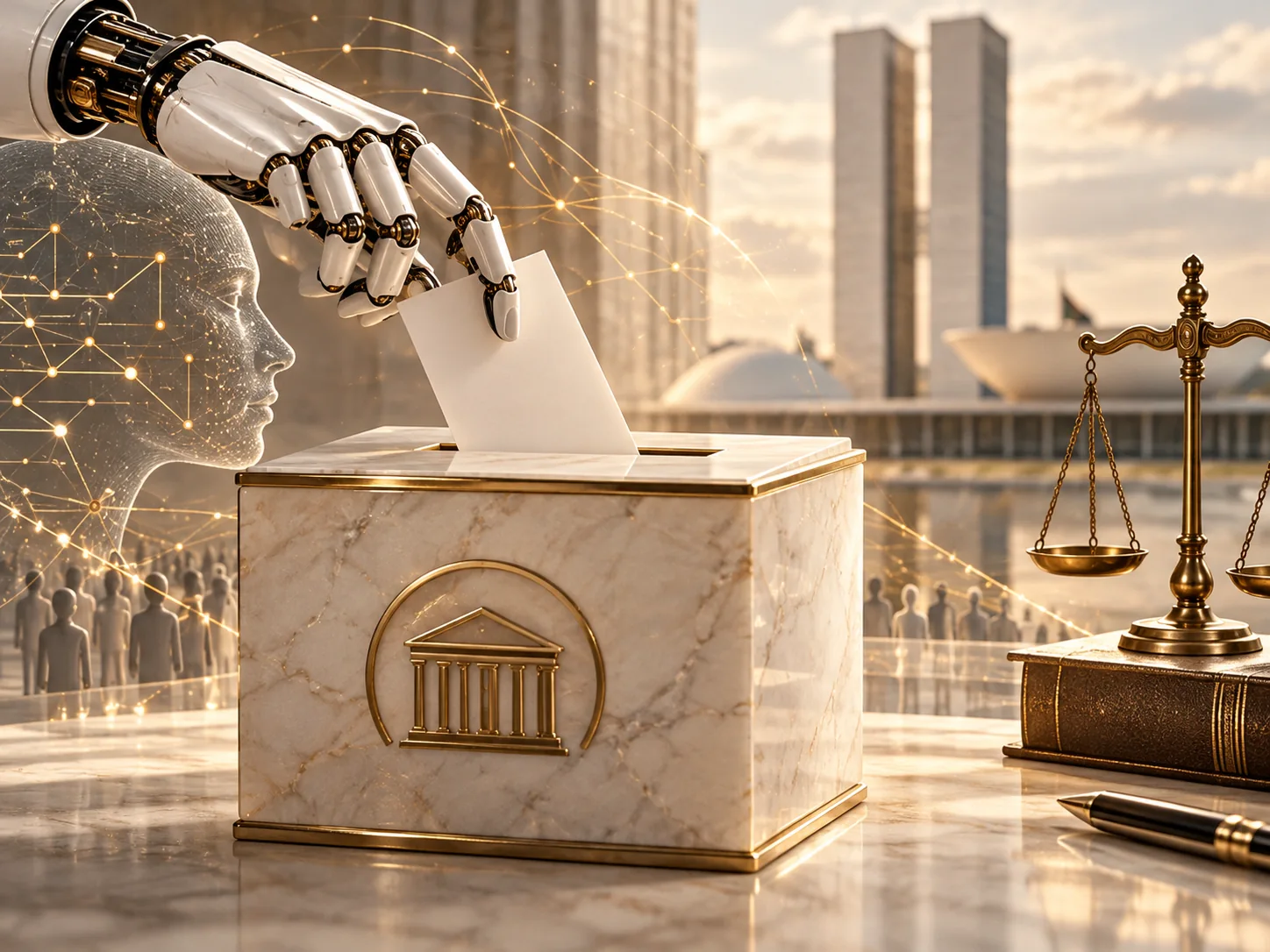 Imagem editorial sobre inteligência artificial e eleições