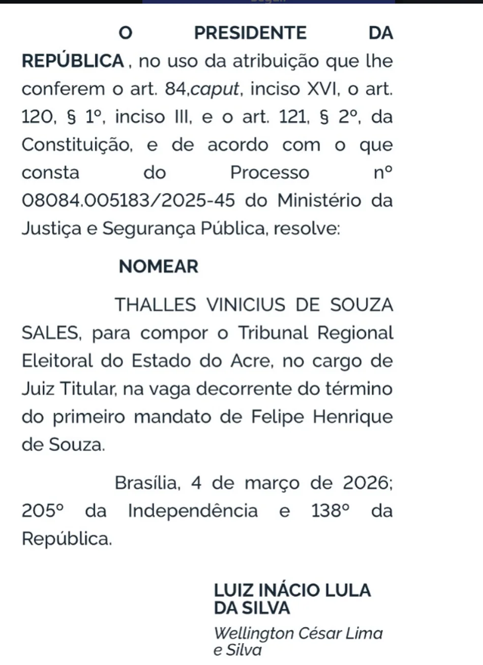 Recorte do ato de nomeação de Thalles Vinícius de Souza Sales, datado de 4 de março de 2026
