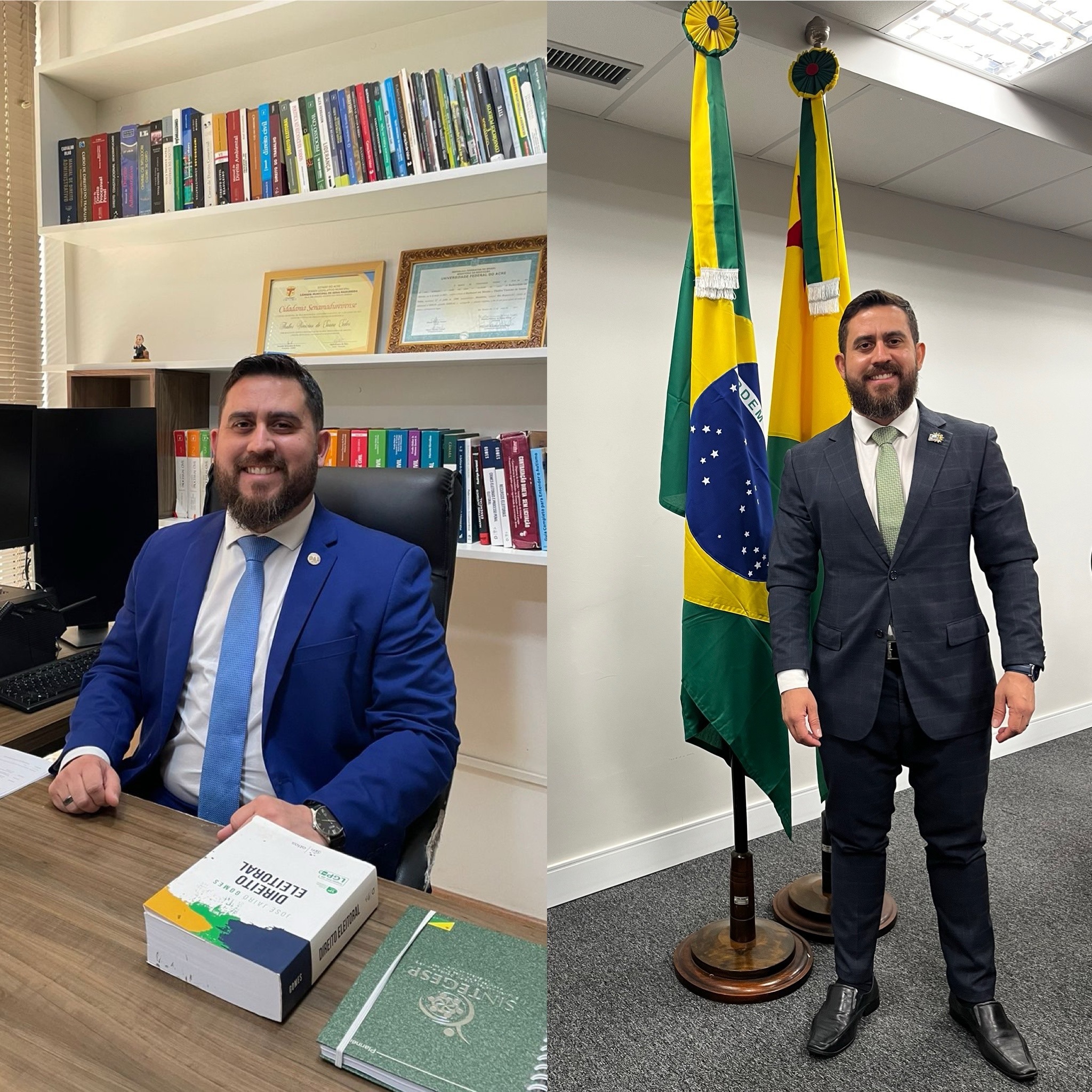 Dois retratos de Thalles Sales: em seu escritório e em trajes formais diante das bandeiras brasileira e acreana